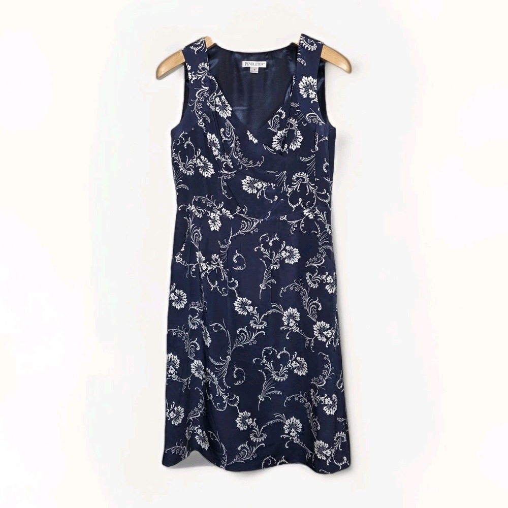 Pendleton Silk Sleeveless Faux Wrap Top Side Zip‎ Navy Floral Pockets Sz 8 Lined